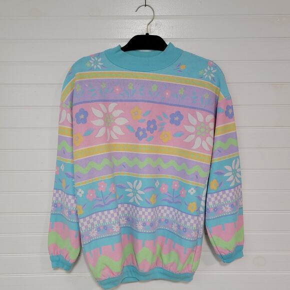 Additions by Ronnie Vintage 80s Medium Mock Neck Sweatshirt Cottagecore Floral - Picture 1 of 8